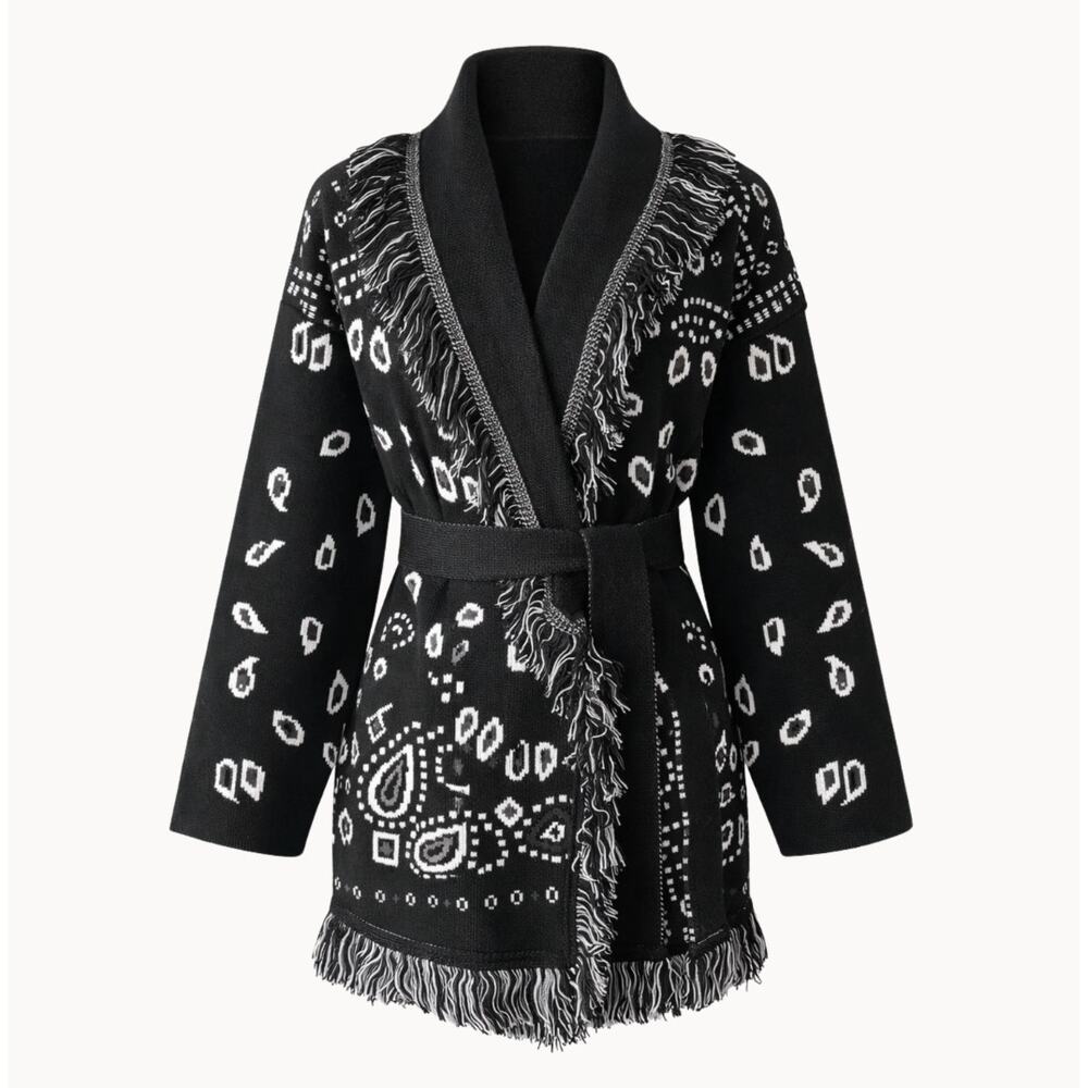 Made in Italy | Black White Paisley Jacquard Knit Fringe Cardigan *no belt* S